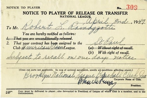 1947 Branch Rickey Signed Notice to Player of Release Document 